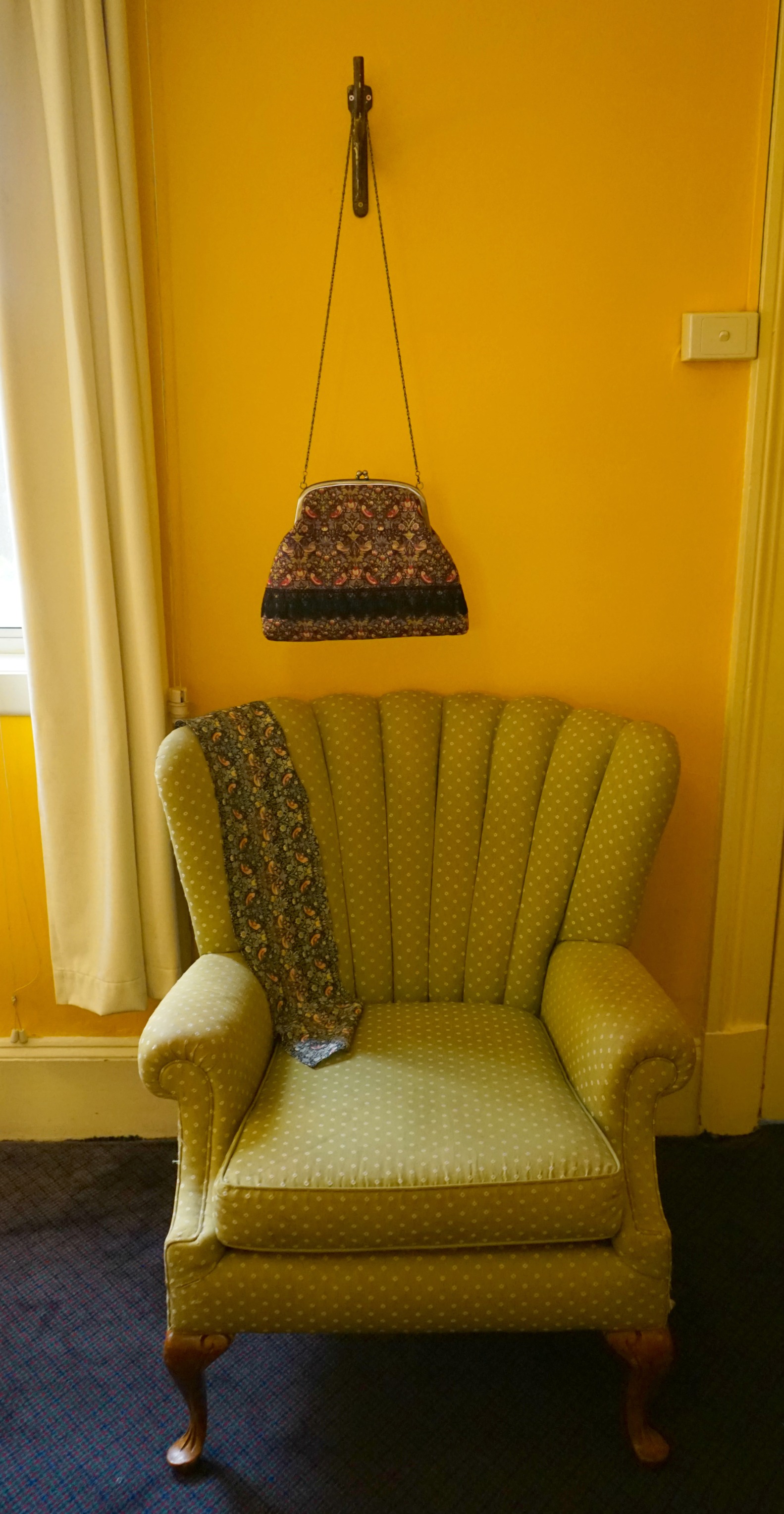 Strawberry Thief with Headscarf and Handmade Bag by Friend